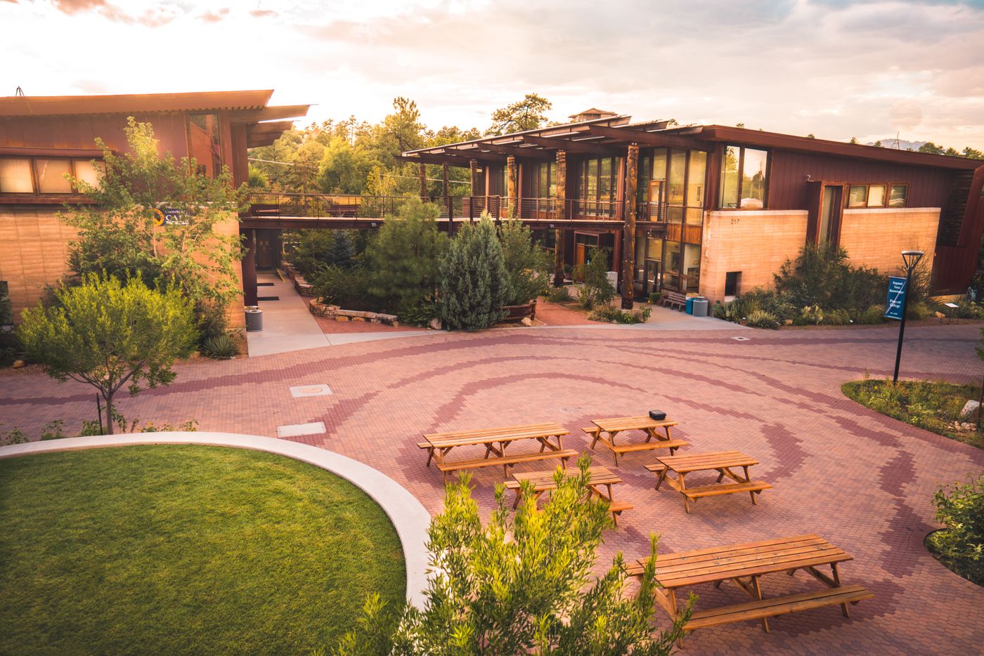 Prescott College campus buildings and picnic benches