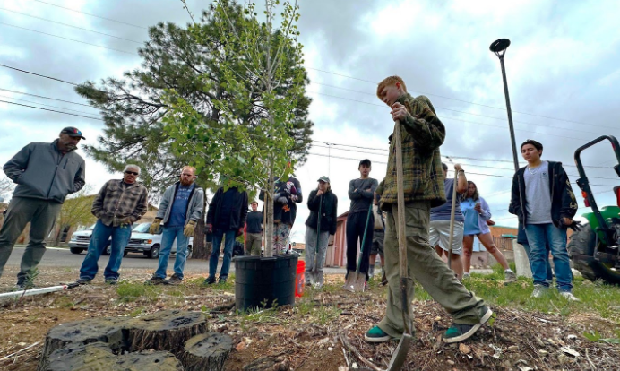 Students working on the community garden on Prescott's campus